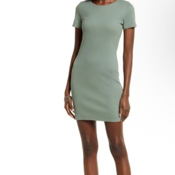 OPEN EDIT WOMENS DRESS SIZE XXS BODYCON LIGHT RIBBED GREEN‎ NEW SHORT SLEEVE NWT - Picture 1 of 8